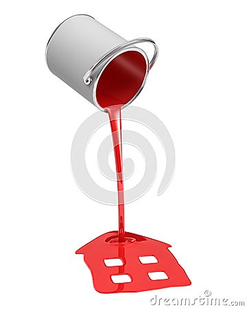 3d rendering of a red paint bucket overturned with paint leaking out into a house shape puddle isolated on white Stock Photo