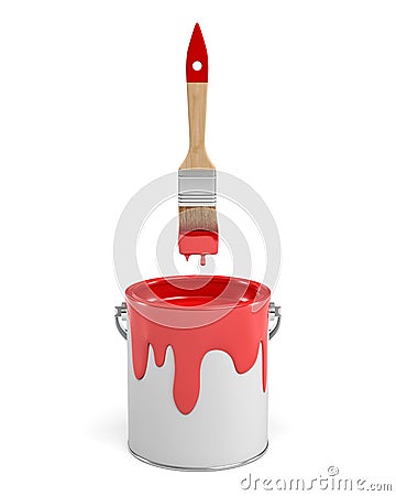 3d rendering of a red paint jar and a wooden brush with a red handle on white background. Stock Photo