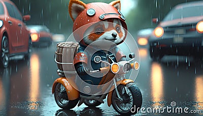 3D rendering of a Red Panda riding a motorcycle in the rain Stock Photo