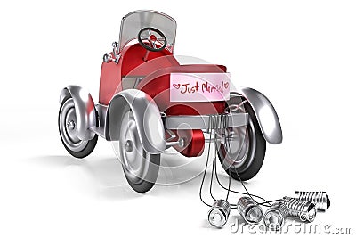 3d rendering of the red retro pedals car with Just Married banner sign and rope tied cans at the bumper, isolated on white Stock Photo