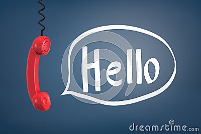 3d rendering of a red retro phone receiver hangs down from a black cord near a word Helo inside a speech bubble. Stock Photo