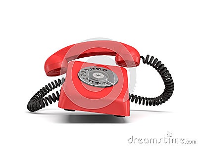 3d rendering of a red retro phone with a round rotary dial that rings with the phone itself and the handle lifted up Stock Photo