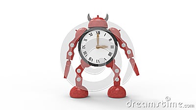 3D rendering of a red robot clock doll figure scifi cute isolated Stock Photo