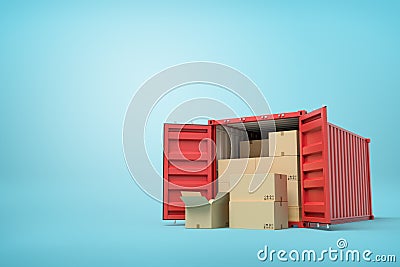 3d rendering of red shipping container filled with cardboard boxes on blue background Stock Photo