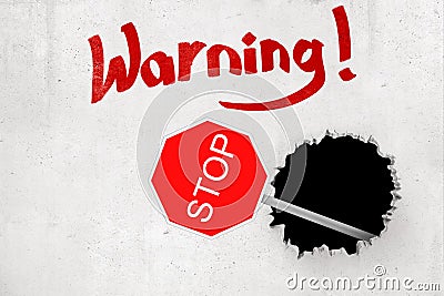 3d rendering of red `STOP` traffic sign breaking white wall with `Warning` sign on white background Stock Photo