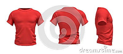 3d rendering of a red T-shirt shaped as a realistic male torso in front, side and back view. Stock Photo