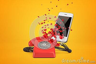 3d rendering of red wireline phone breaking in pieces and white modern smartphone behind it on amber background. Stock Photo