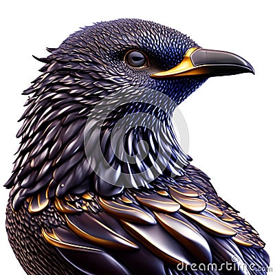 3d rendering of a reflective starling isolated on white background. AI generated Stock Photo