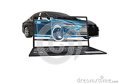 3D rendering representing an x-ray of a car with a laptop Stock Photo