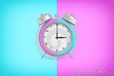 3d rendering of retro alarm clock with bells and a large face hangs on a background in double blue and purple colors. Stock Photo