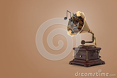 3D rendering retro golden gramophone with music notes on brown isolated background Stock Photo
