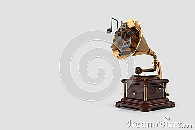 3D rendering retro golden gramophone with music notes on white isolated background Stock Photo