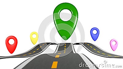 3D rendering road map with location pin icon, GPS travel route, navigation mark, transportation place point, Destination point Stock Photo