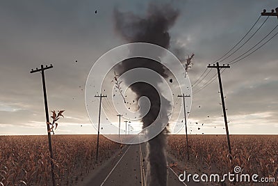 3d Rendering of a road with tornado in the centre. Between withered corn field and utility poles Stock Photo