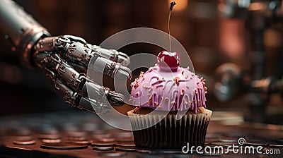 3D Rendering, robot arm laying cherry on cupcake , Generate AI Stock Photo