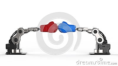 Robot arm with red and blue boxing gloves Stock Photo