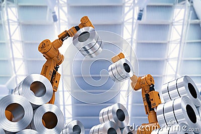 Robot with roll steel Stock Photo