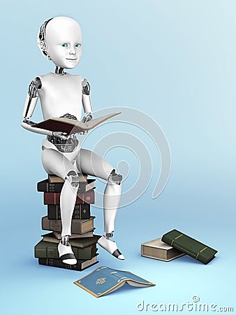 3D rendering of a robot child sitting on a pile of books. Stock Photo