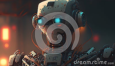 3D rendering robot in a dark space. Futuristic background. Stock Photo