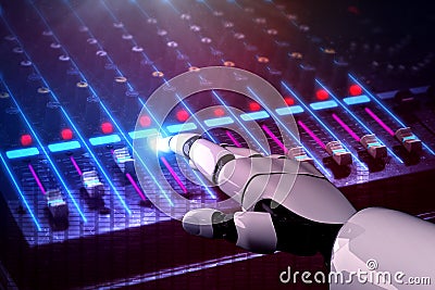 3D rendering robot disc jockey hand at dj mixer Stock Photo