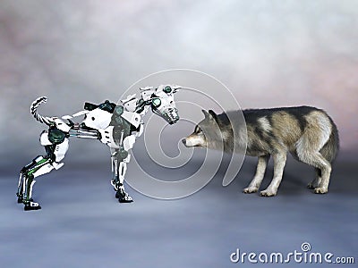 3D rendering of a robot dog meeting a wolf Stock Photo