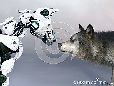 3D rendering of a robot dog meeting a wolf Stock Photo
