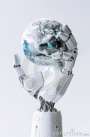 3D rendering. Robot hand holding a globe. The concept of robotization of the world, advanced technologies. Banner Stock Photo