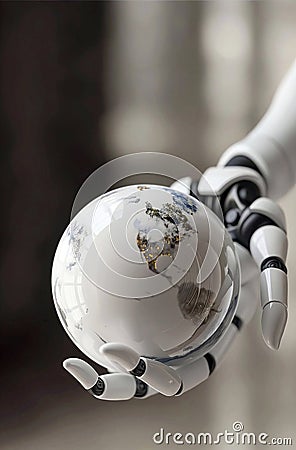 3D rendering. Robot hand holding a globe. The concept of robotization of the world, advanced technologies. Banner Stock Photo