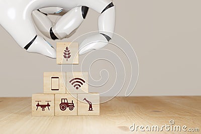 3d rendering Robot hand pick or choose smart agriculture futuristic technology concept, icon including wireless wifi, ai or artifi Stock Photo