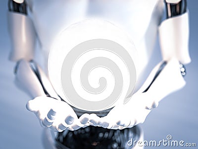3D rendering of robot hands with energy sphere hovering above Stock Photo