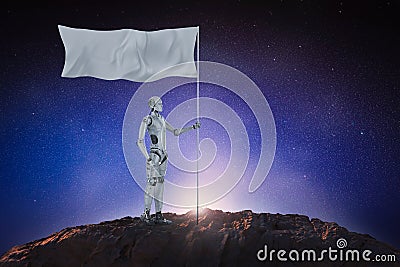 Robot with white flag Stock Photo