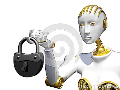 3d rendering robot with padlock isolated on white. Stock Photo