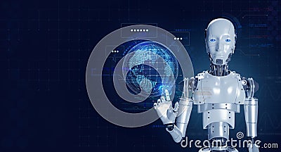 3d rendering robot pointing on virtual hologram of digital world and chat icon for online data information on blue background. Stock Photo