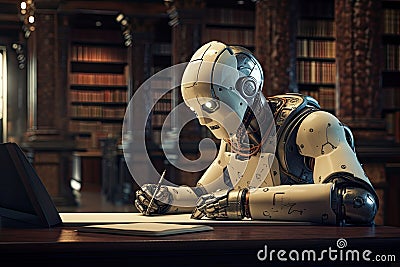 3D rendering of a robot reading a book in a library, Robot author writing on a notepad in an old library, AI Generated Stock Photo