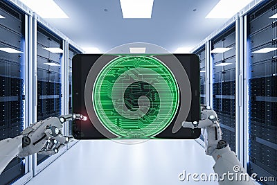 Robot working with bitcoin Editorial Stock Photo