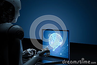 Robot with ai brain on notebook Stock Photo