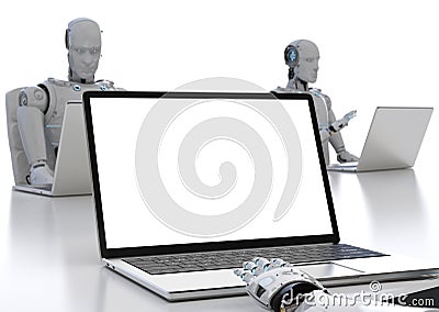 Robot work on notebook Stock Photo