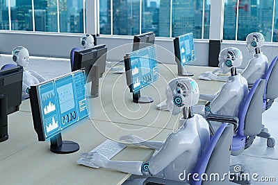 3d rendering robot working in office with augmented reality display Stock Photo