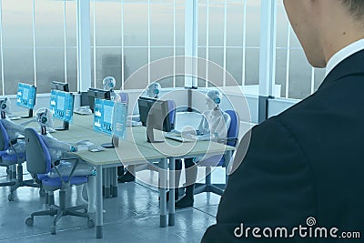 3d rendering robot working in office with augmented reality display and control by human officer Stock Photo