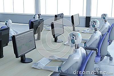 3d rendering robot working in office with augmented reality display Stock Photo