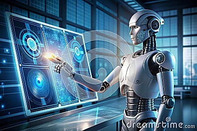3D Rendering of Robot Working with Virtual Display Stock Photo