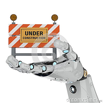 Robot holding under construction sign Stock Photo