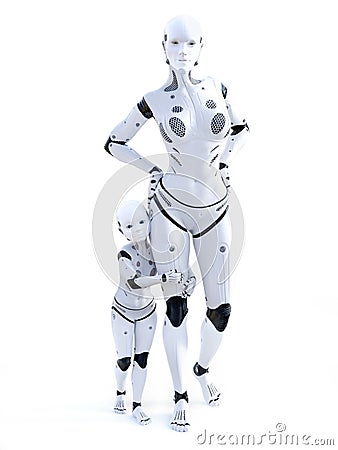 3D rendering of robotic woman with her child. Stock Photo