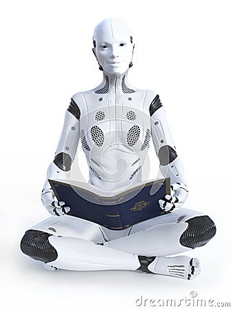 3D rendering of robotic woman sitting down reading Stock Photo