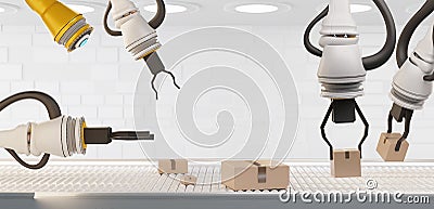 3d rendering robots boxes and conveyor belt 3d-illustration Cartoon Illustration