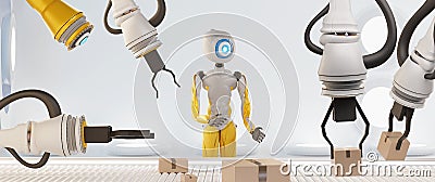 3d rendering robots carry boxes on conveyor belt 3d-illustration Cartoon Illustration