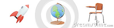 3d rendering rocket, globe, desk icon set on white background. 3d rendering rocket, globe, desk icon set Stock Photo
