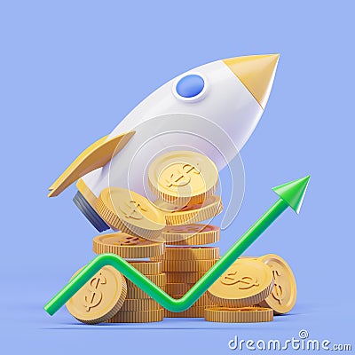 3d rendering. Rocket launch and rising line with stack of coins, investment in startup Stock Photo