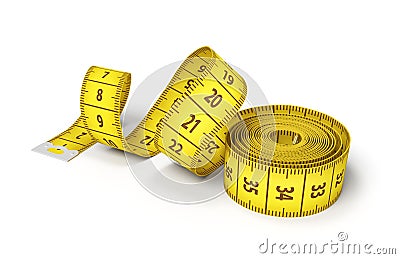 3d rendering of a roll of a yellow measuring tape starting to unroll on a white background. Stock Photo