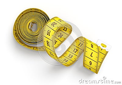 3d rendering of a roll of a yellow measuring tape starting to unroll on a white background. Stock Photo